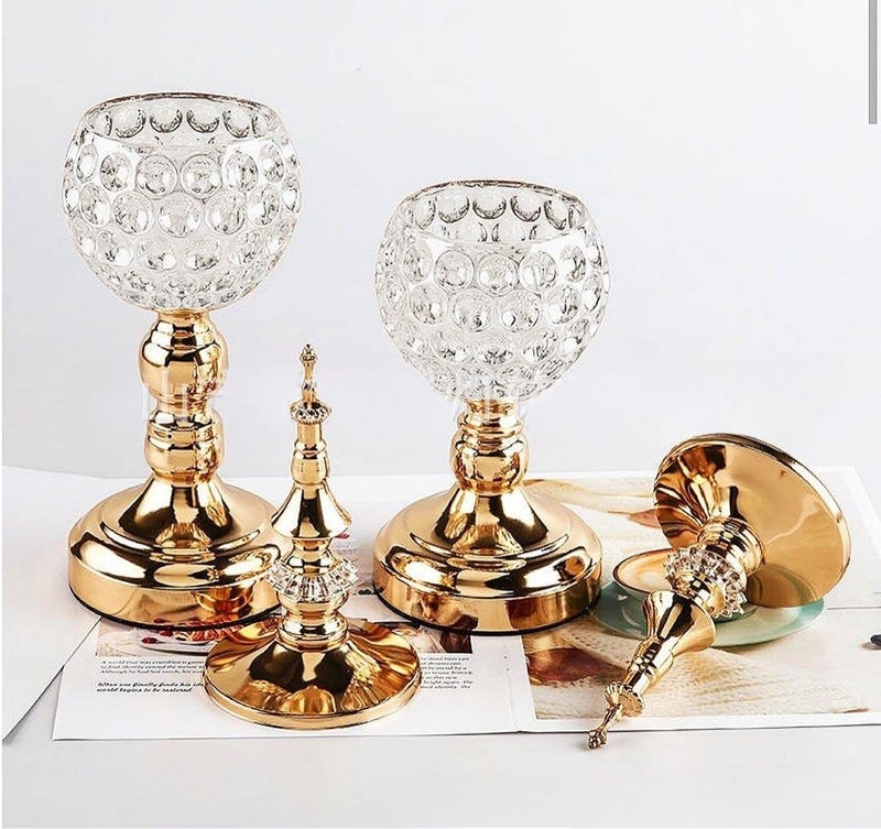 Set of 2 Stainless Steel Crystal and Acrylic Candle Holder or Pomponier Decorative Piece for Dining Table (Gold) - Image 2