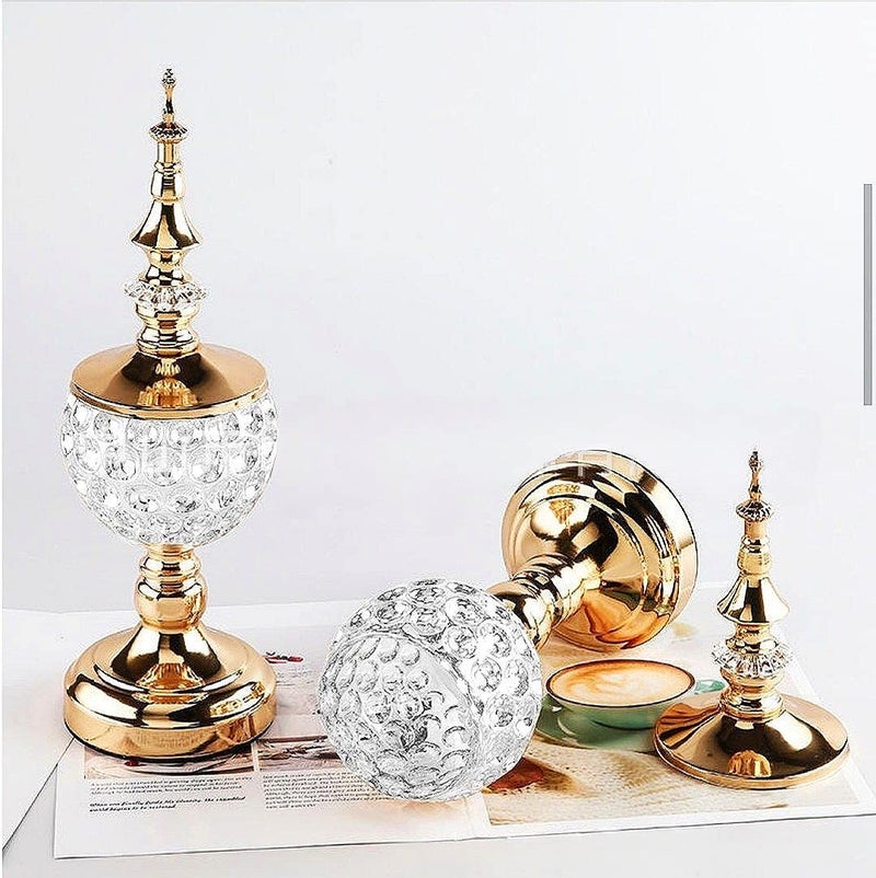 Set of 2 Stainless Steel Crystal and Acrylic Candle Holder or Pomponier Decorative Piece for Dining Table (Gold) - Image 3