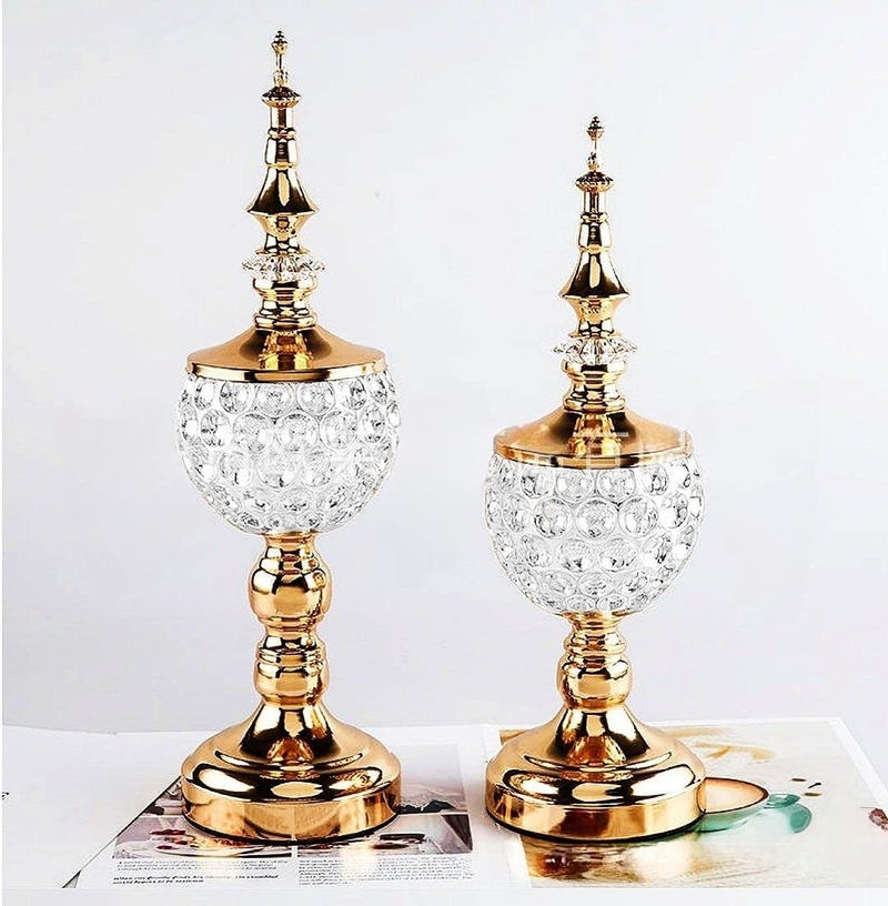 Set of 2 Stainless Steel Crystal and Acrylic Candle Holder or Pomponier Decorative Piece for Dining Table (Gold) - Image 1
