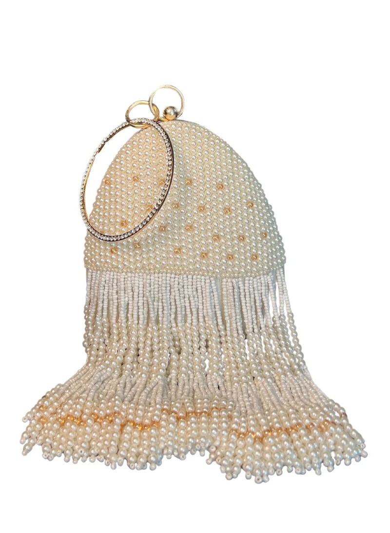 Harsha's Glam Clutches Beaded Pearl Almond Shape Clutch