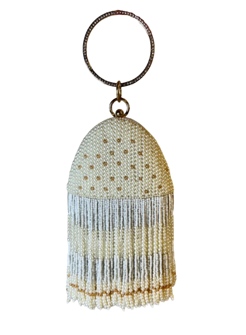 Harsha's Glam Clutches Beaded Pearl Almond Shape Clutch