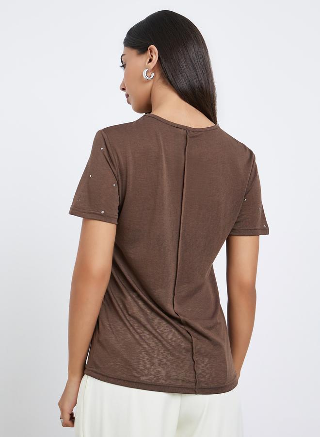 Styli Brown Embellished Short Sleeve T-Shirt - Image 4