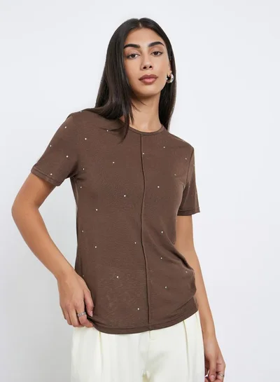 Styli Styli Brown Embellished Short Sleeve T-Shirt