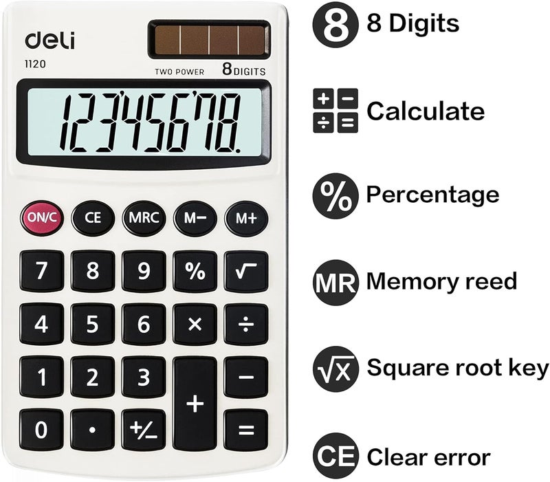 Deli Calculator, Standard Function Basic Calculators, Solar Battery Dual Power Office Calculator with Cover, Metal Panel, 2 Pack - Image 3