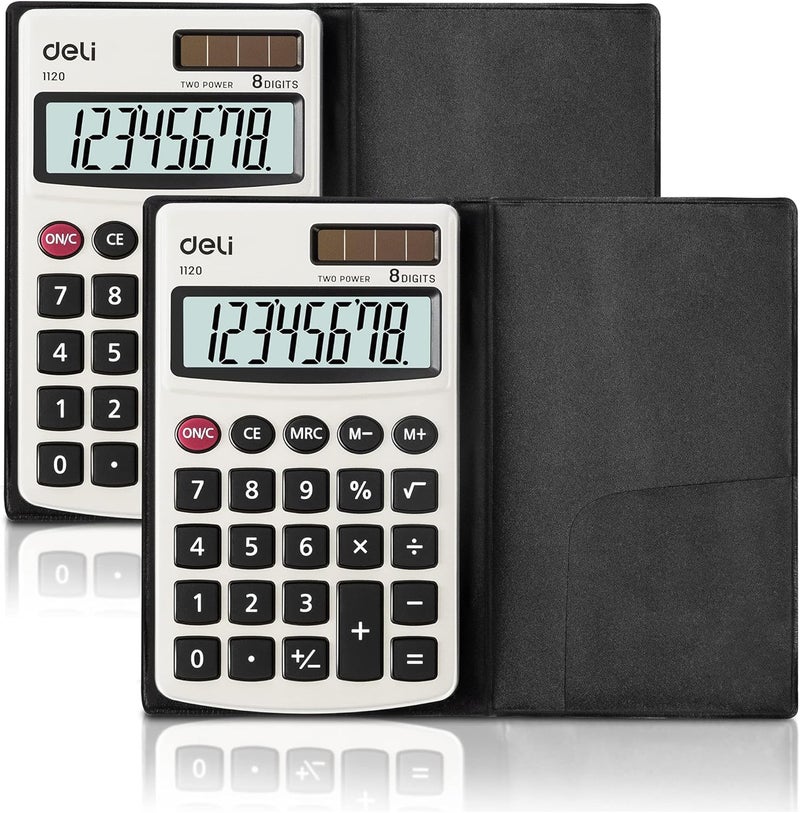 Deli Calculator, Standard Function Basic Calculators, Solar Battery Dual Power Office Calculator with Cover, Metal Panel, 2 Pack - Image 1