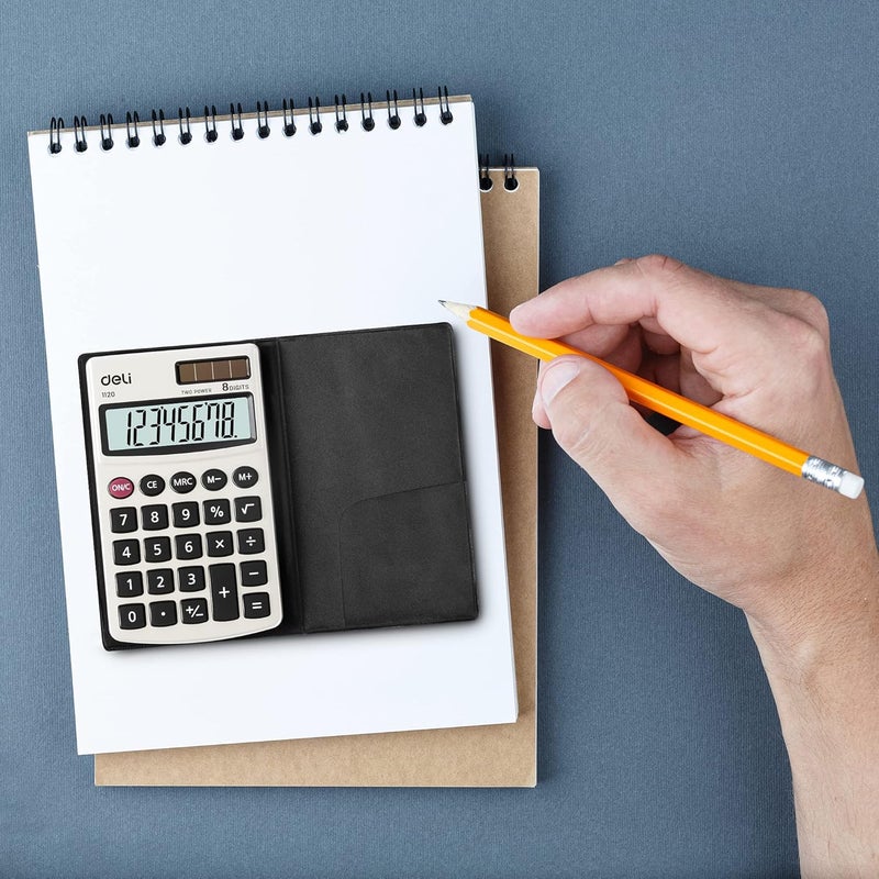 Deli Calculator, Standard Function Basic Calculators, Solar Battery Dual Power Office Calculator with Cover, Metal Panel, 2 Pack - Image 2