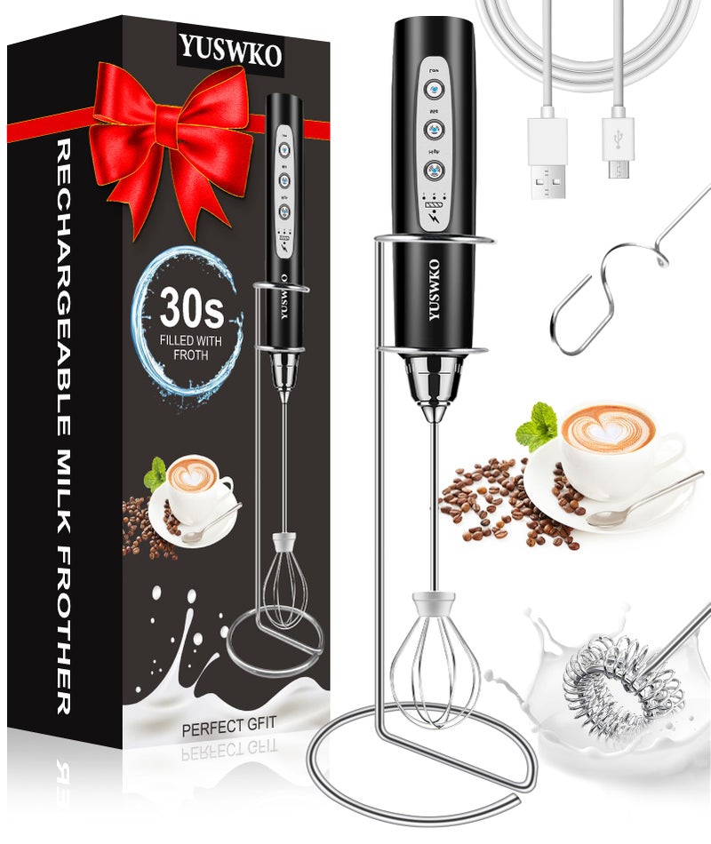 YUSWKO Milk Frother Handheld for Coffee with Stand, Rechargeable Drink Mixer with 3 Heads 3 Speeds Electric Coffee Frother Whisk, Gift for Many Occasions and Festival - Image 1