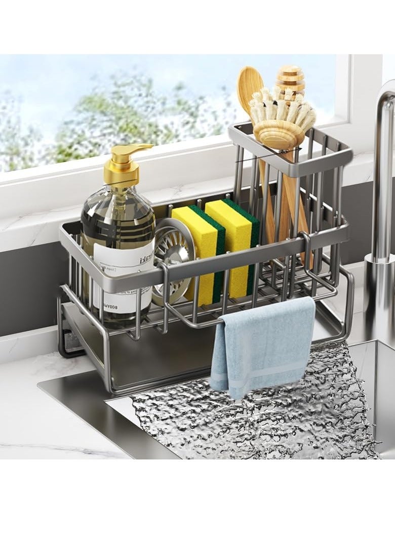 TRASSLE Stainless Steel Kitchen Sink Sponge Rack Brush Storage Rack with 45-Degree Sloped Drain Board Detachable Retractable kitchen Countertop Small Items Storage - Image 1