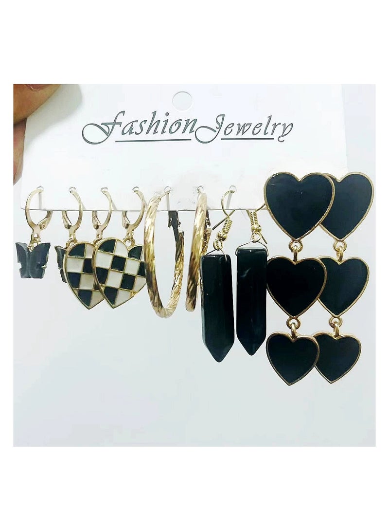 Goolsky طقم أقراط نسائية سوداء على شكل حرف C ومربعات - 6 قطع مجوهرات إبداعية بونك وريترو، طقم عصري متعدد - Image 1