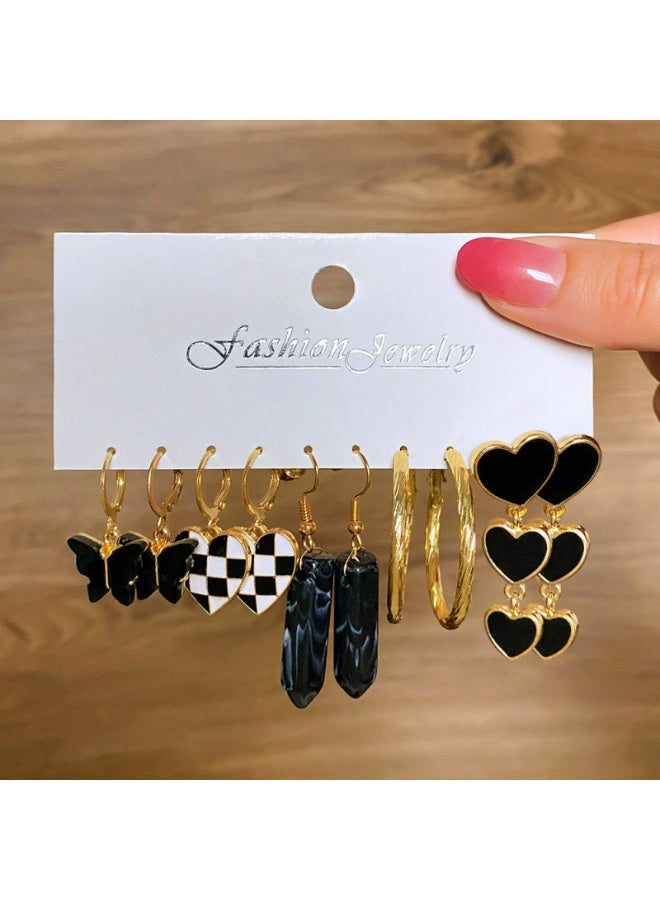 Goolsky طقم أقراط نسائية سوداء على شكل حرف C ومربعات - 6 قطع مجوهرات إبداعية بونك وريترو، طقم عصري متعدد - Image 5