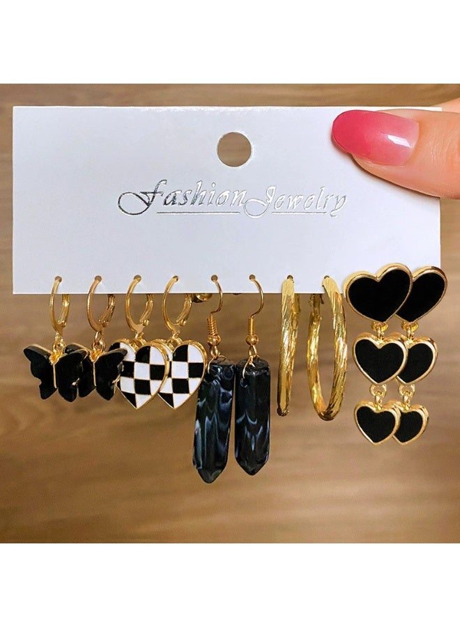 Goolsky طقم أقراط نسائية سوداء على شكل حرف C ومربعات - 6 قطع مجوهرات إبداعية بونك وريترو، طقم عصري متعدد - Image 4