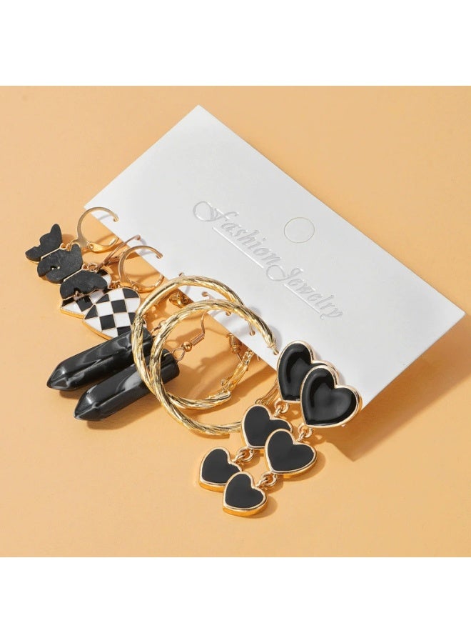 Goolsky طقم أقراط نسائية سوداء على شكل حرف C ومربعات - 6 قطع مجوهرات إبداعية بونك وريترو، طقم عصري متعدد - Image 2