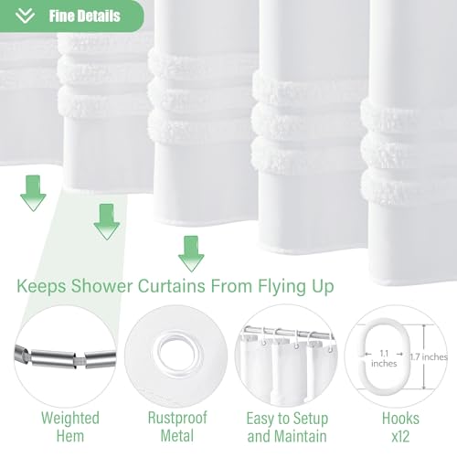 Dynamene Extra Long Shower Curtains - 72 x 84 Inches Long Textured Tufted Chenille Striped Fabric Bathroom Shower Curtain, Tall Modern Shabby Chic Waterproof Cloth Shower Curtain Set with Hooks, White - Image 5