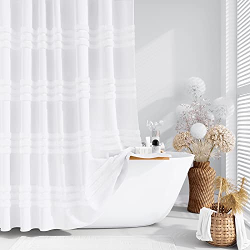 Dynamene Extra Long Shower Curtains - 72 x 84 Inches Long Textured Tufted Chenille Striped Fabric Bathroom Shower Curtain, Tall Modern Shabby Chic Waterproof Cloth Shower Curtain Set with Hooks, White - Image 1