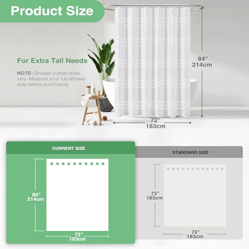 Dynamene Extra Long Shower Curtains - 72 x 84 Inches Long Textured Tufted Chenille Striped Fabric Bathroom Shower Curtain, Tall Modern Shabby Chic Waterproof Cloth Shower Curtain Set with Hooks, White - Image 2
