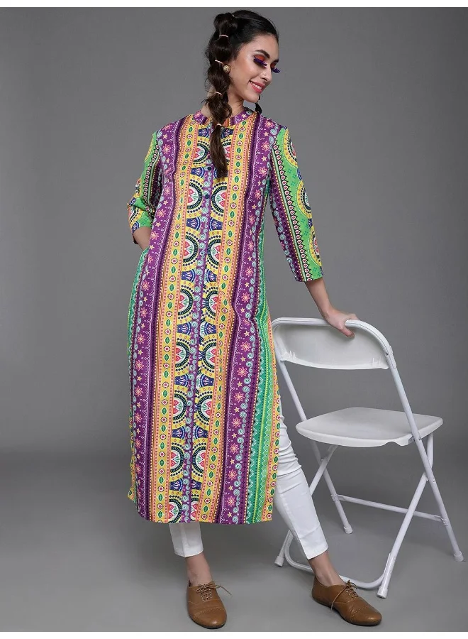 AKS  Purple & Yellow Printed Button Down Kurta for Women | Best Price UAE