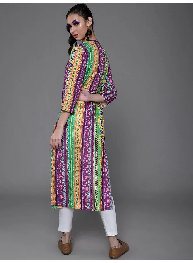 AKS  Purple & Yellow Printed Button Down Kurta for Women | Best Price UAE
