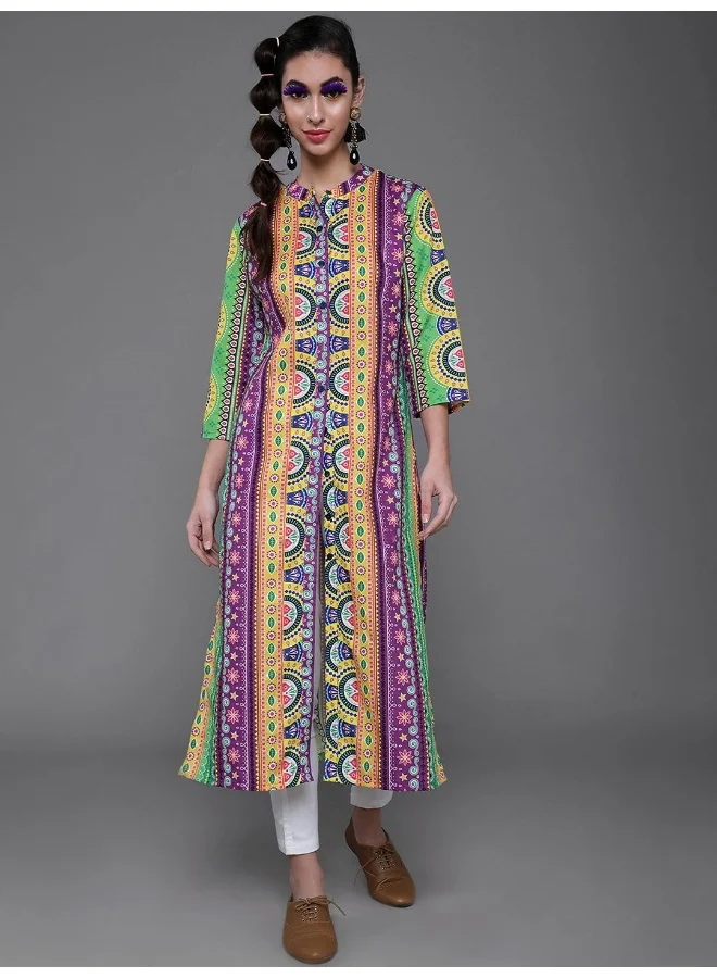 AKS Purple & Yellow Printed Button Down Kurta