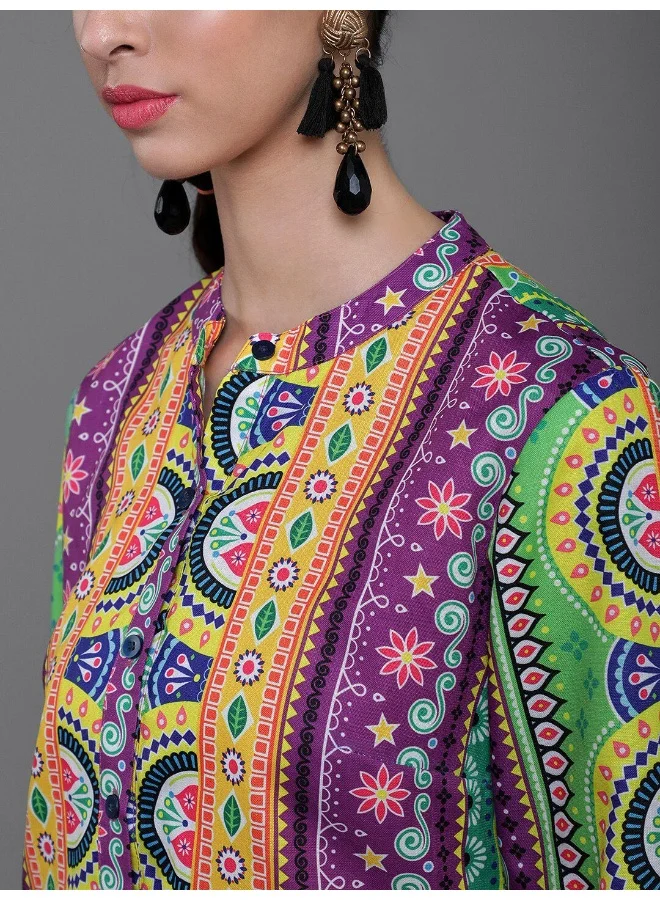 AKS Purple & Yellow Printed Button Down Kurta