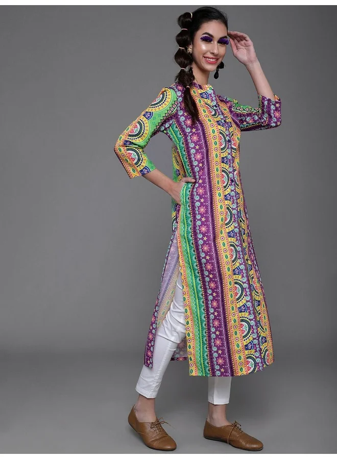 AKS  Purple & Yellow Printed Button Down Kurta for Women | Best Price UAE