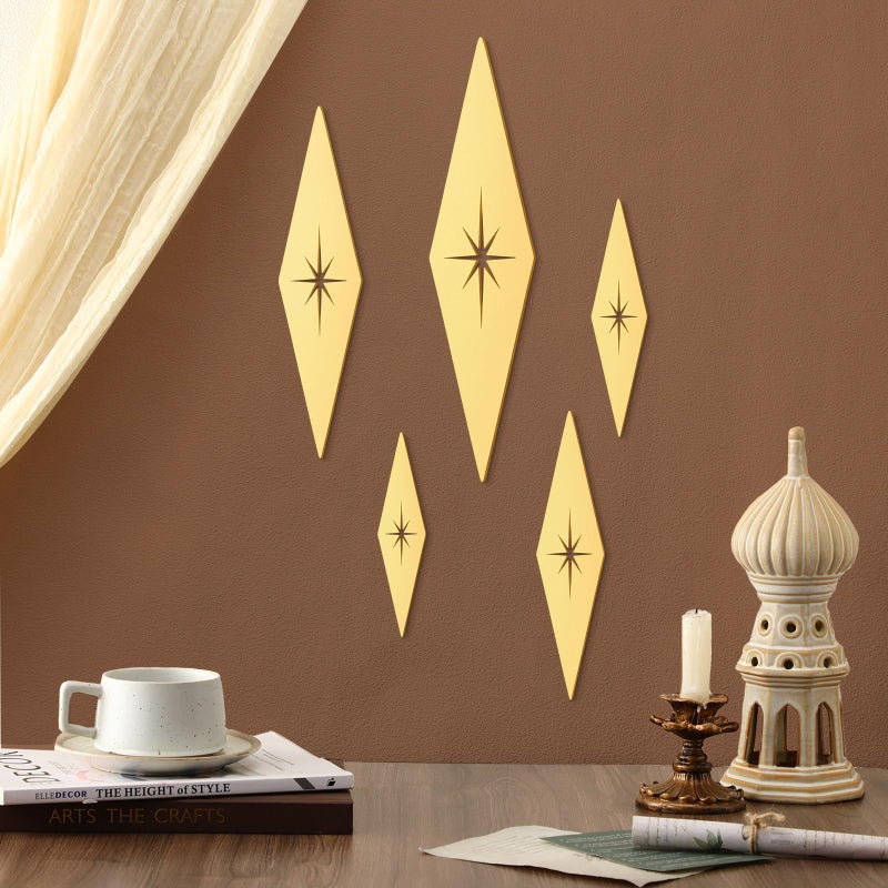 Yaocom 5 Pieces Mid Century Modern Decor Midcentury Vintage Style Gold Starburst Metal Wall Art Elegance Wall Accents Diamond Star Bursts Decor Vintage Home Decoration - Image 3