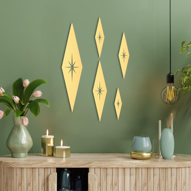 Yaocom 5 Pieces Mid Century Modern Decor Midcentury Vintage Style Gold Starburst Metal Wall Art Elegance Wall Accents Diamond Star Bursts Decor Vintage Home Decoration - Image 1