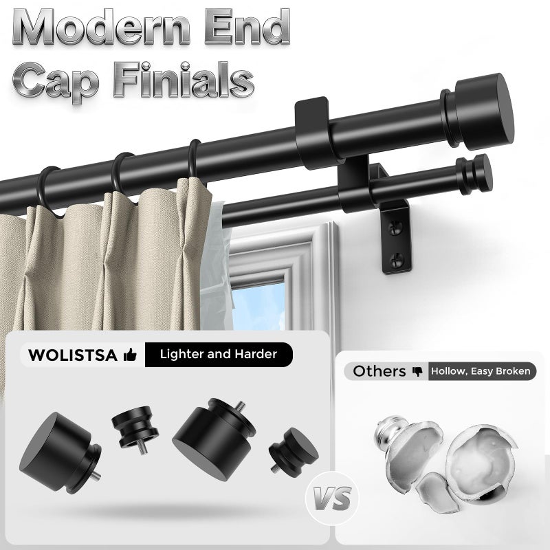 Wolistsa Double Curtain Rod, Black Long Dual Curatin Rod for Windows 84 to 120 Inches, 1" Adjustable Heavy Duty Window Treatment Rods with Modern End Cap Finial, Decorative Spliced Metal Drapery Rods - Image 3