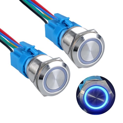 DMWD 2pcs 22mm Metal Latching Push Button Switch 12V24V ONOff 5Pins 1NO 1NC for 78 Mounting Hole Waterproof Silver Shell with Socket Halo Ring Blue LED Light - Image 1