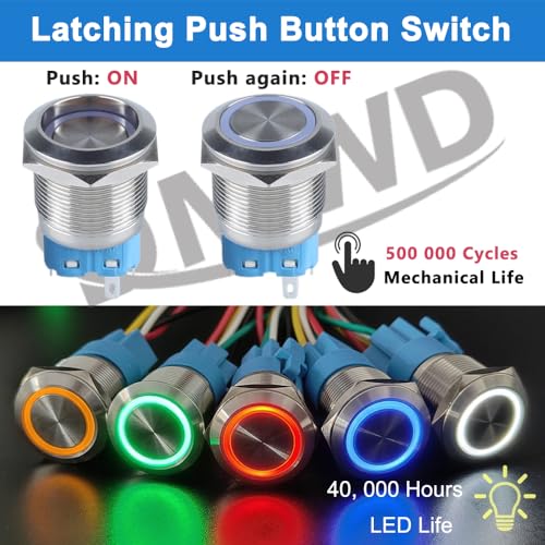 DMWD 2pcs 22mm Metal Latching Push Button Switch 12V24V ONOff 5Pins 1NO 1NC for 78 Mounting Hole Waterproof Silver Shell with Socket Halo Ring Blue LED Light - Image 3