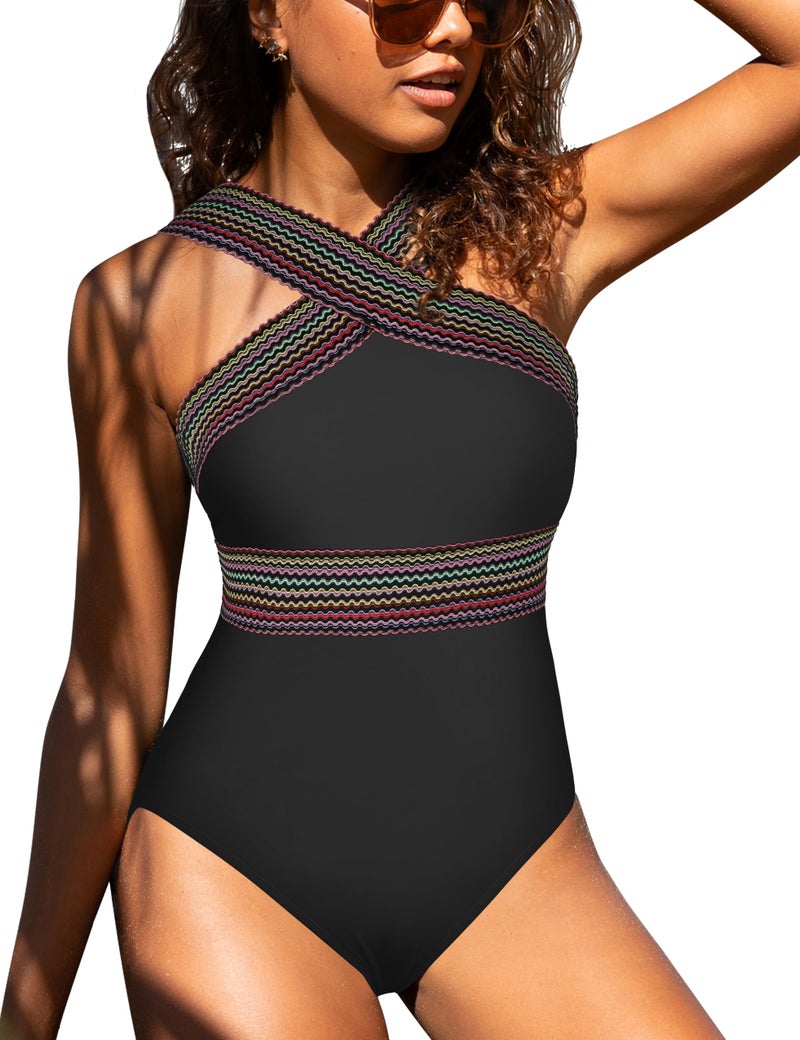 Hilor Women's Cute One Piece Swimsuit Tummy Control Bathing Suits Flattering Twist Front Swimwear Black Stripes L/US10-12 - Image 3