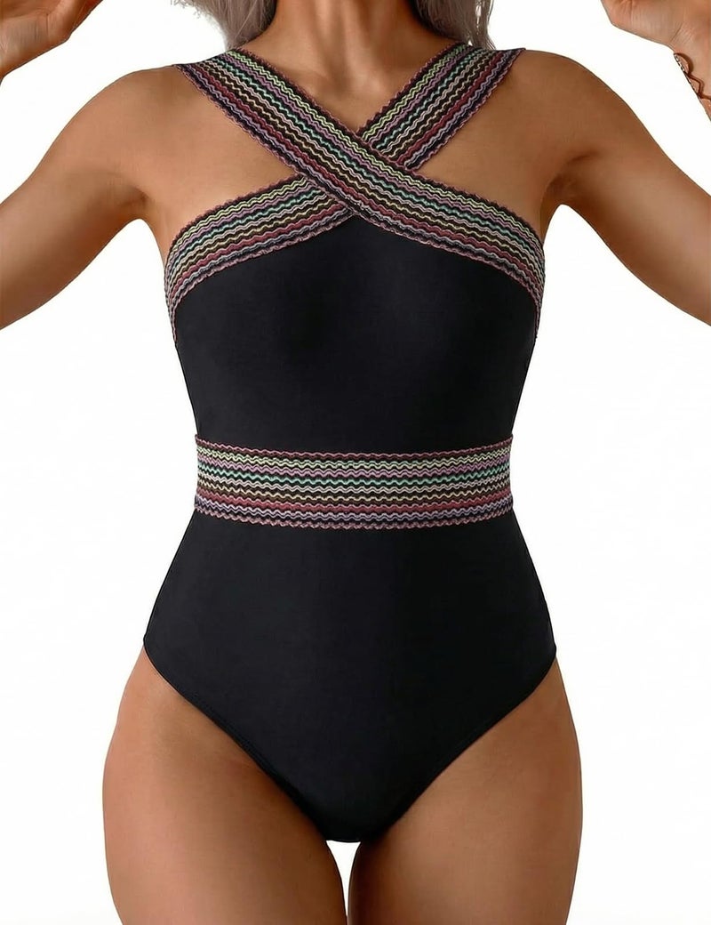 Hilor Women's Cute One Piece Swimsuit Tummy Control Bathing Suits Flattering Twist Front Swimwear Black Stripes L/US10-12 - Image 1