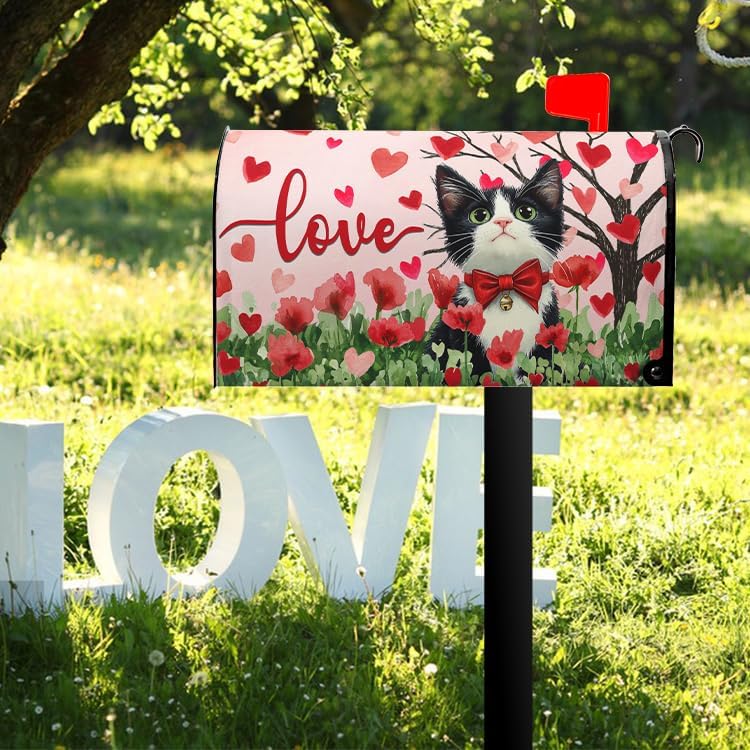 Farg Valentines Cat Mailbox Covers Magnetic Standard Size 21 x 18 Inch Valentine Spring Mothers Mailbox Cover Flower Love Heart Tree Mail Box Post Letter Box Wraps for Home Garden Outdoor Yard Decor Gift - Image 2