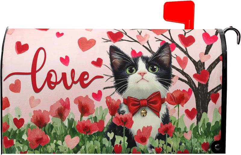 Farg Valentines Cat Mailbox Covers Magnetic Standard Size 21 x 18 Inch Valentine Spring Mothers Mailbox Cover Flower Love Heart Tree Mail Box Post Letter Box Wraps for Home Garden Outdoor Yard Decor Gift - Image 1