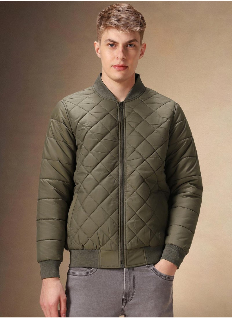 Men's Olive 100% Polyester Solid Regular Fit Jacket