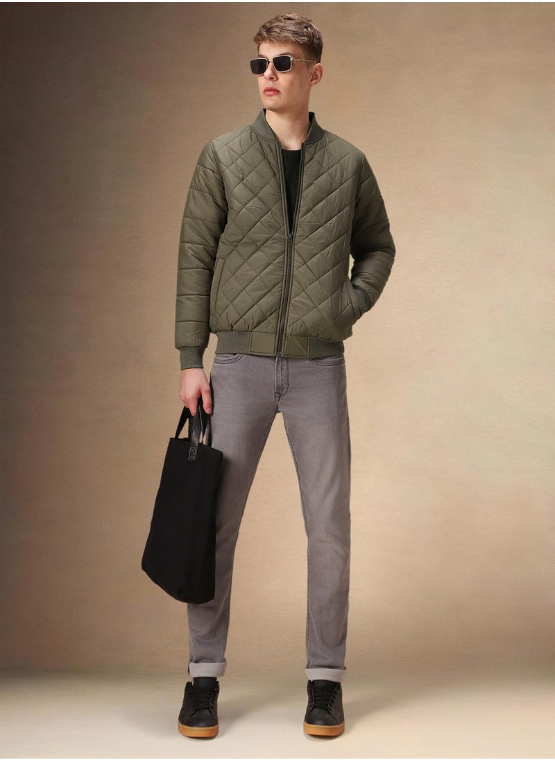 Men's Olive 100% Polyester Solid Regular Fit Jacket