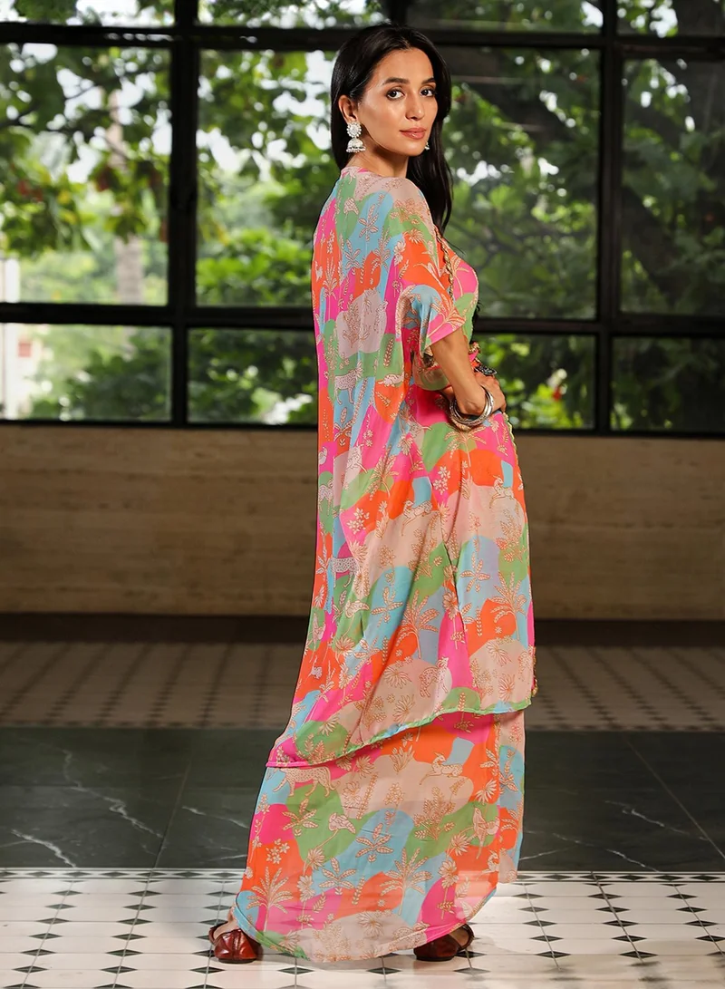 Qissa  Women's Strawberry Pink & Tangerine Orange Bohemian Romance Co-Ord Set For Casual Wear | Scoop Neck | Sleeveless | 3 Piece Co-Ords Designed With Comfort Fit For Everyday Ethnic Wear for Women | Best Price UAE