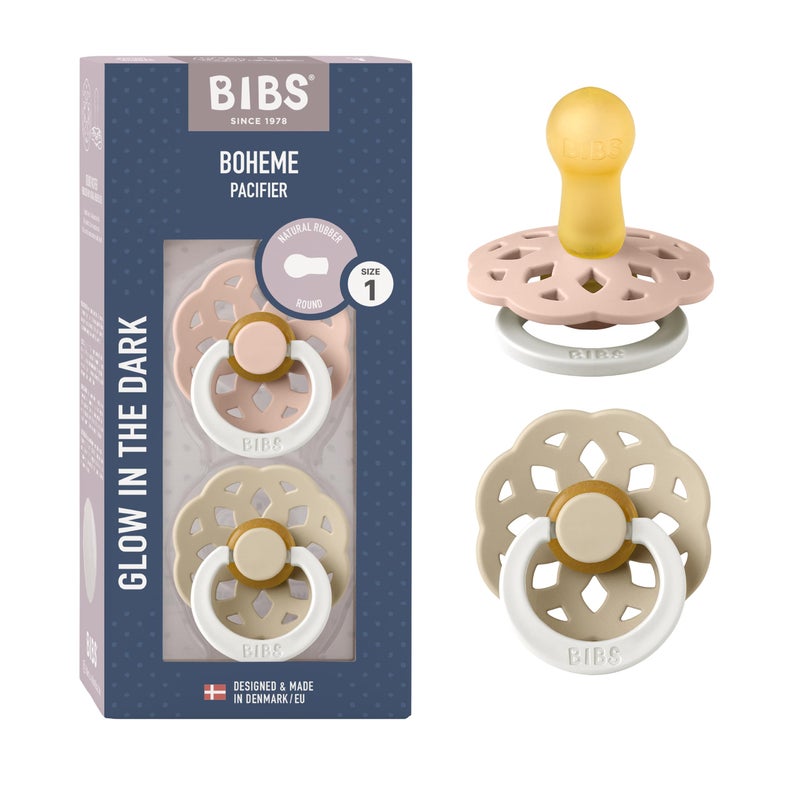 BIBS Pacifiers - Boheme Collection | BPA-Free Baby Pacifier | Made in Denmark | Set of 2 Blush Glow/Vanilla Glow Color Premium Soothers | Size 0-6 Months - Image 1