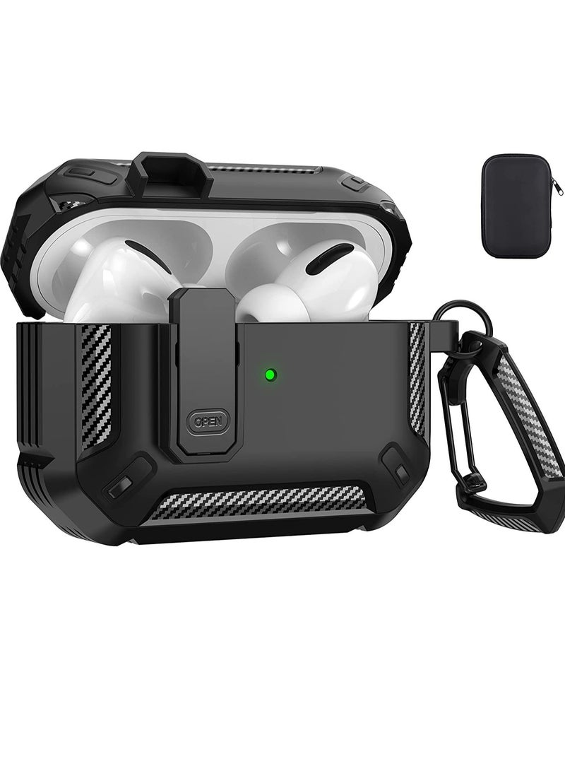 غطاء علبة AirPods Pro الجيل الثاني 2022، غطاء واقي AirPods Pro 2 مع قفل الجيل 2 غطاء عسكري صلب مقاوم للصدمات مع حلقة مفاتيح متوافق مع Apple Airpods Pro 2، أسود - Image 1