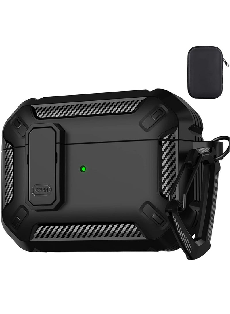 غطاء علبة AirPods Pro الجيل الثاني 2022، غطاء واقي AirPods Pro 2 مع قفل الجيل 2 غطاء عسكري صلب مقاوم للصدمات مع حلقة مفاتيح متوافق مع Apple Airpods Pro 2، أسود - Image 2