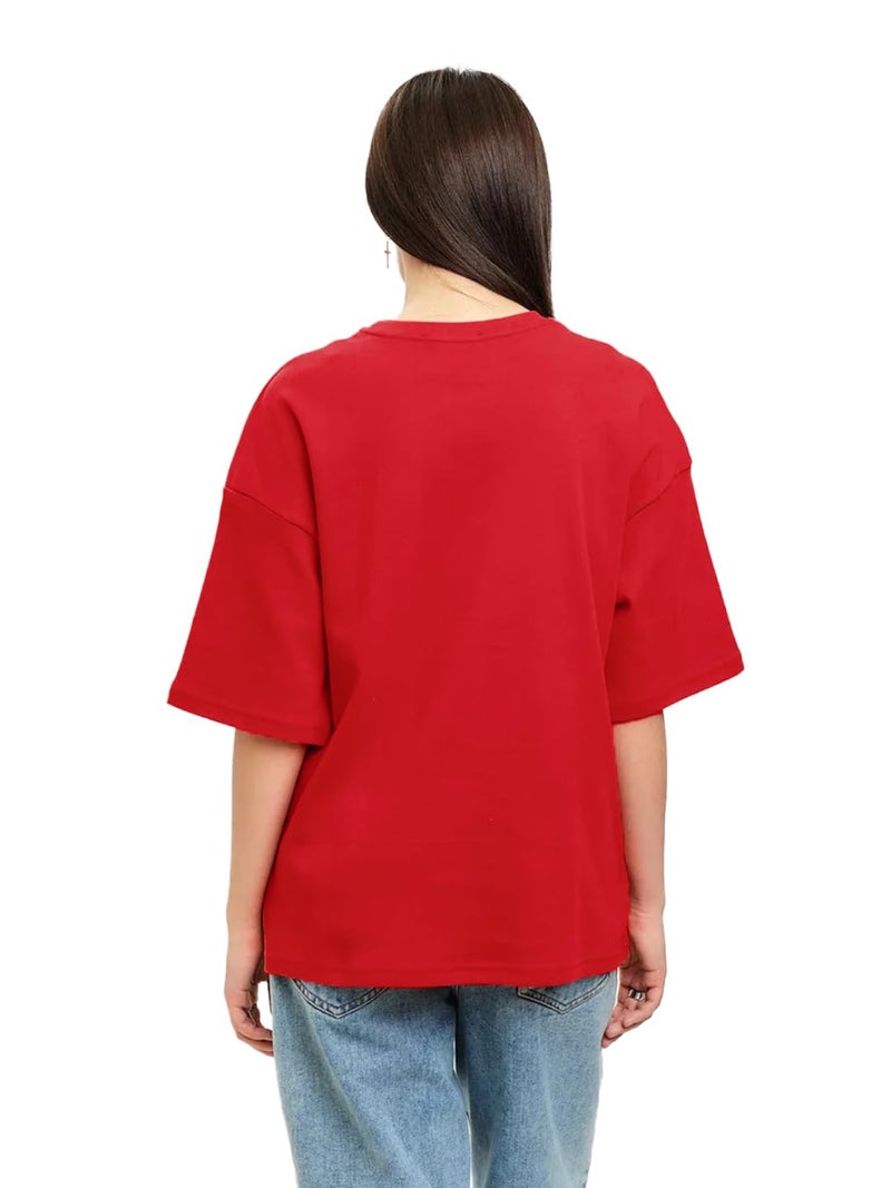 LEOTUDE Womens Oversized Round Neck Cottonblend Half Sleeve T-Shirts (GRL_FS49_Street_RED_P_Red_2XL) - Image 2
