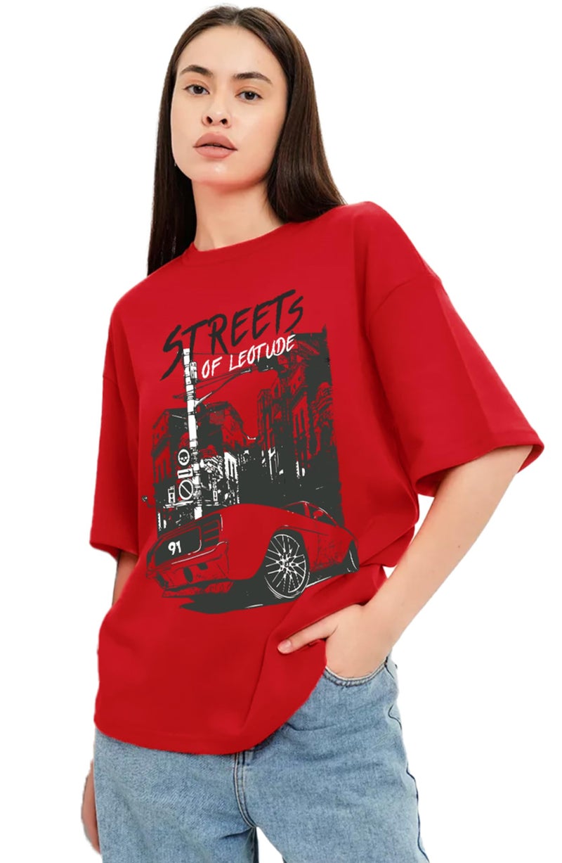 LEOTUDE Womens Oversized Round Neck Cottonblend Half Sleeve T-Shirts (GRL_FS49_Street_RED_P_Red_2XL) - Image 1