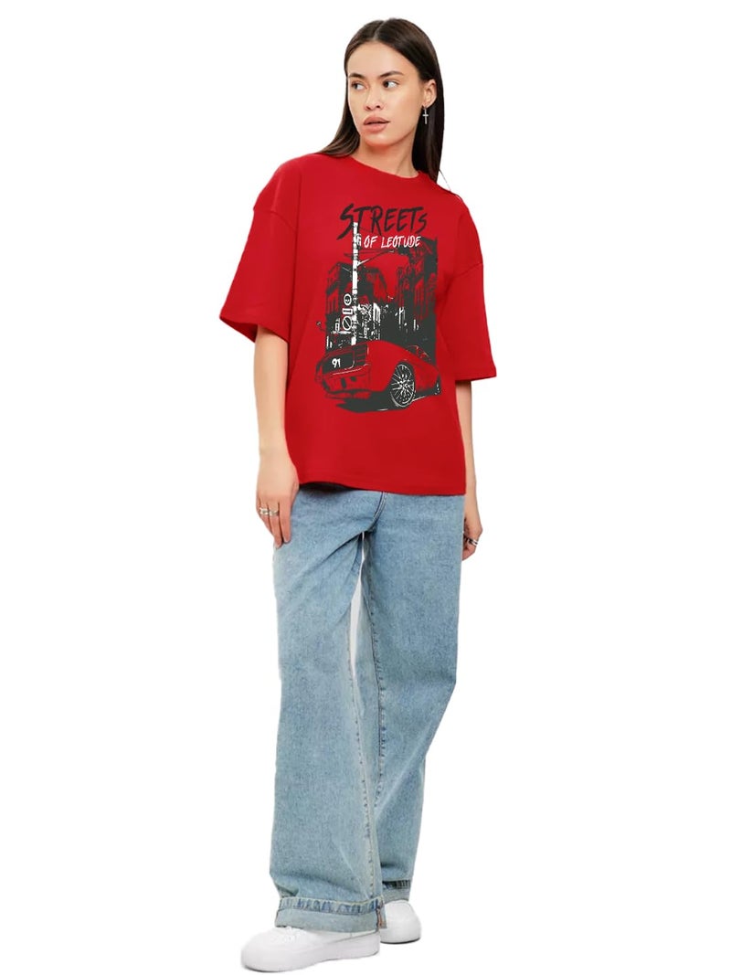 LEOTUDE Womens Oversized Round Neck Cottonblend Half Sleeve T-Shirts (GRL_FS49_Street_RED_P_Red_2XL) - Image 3