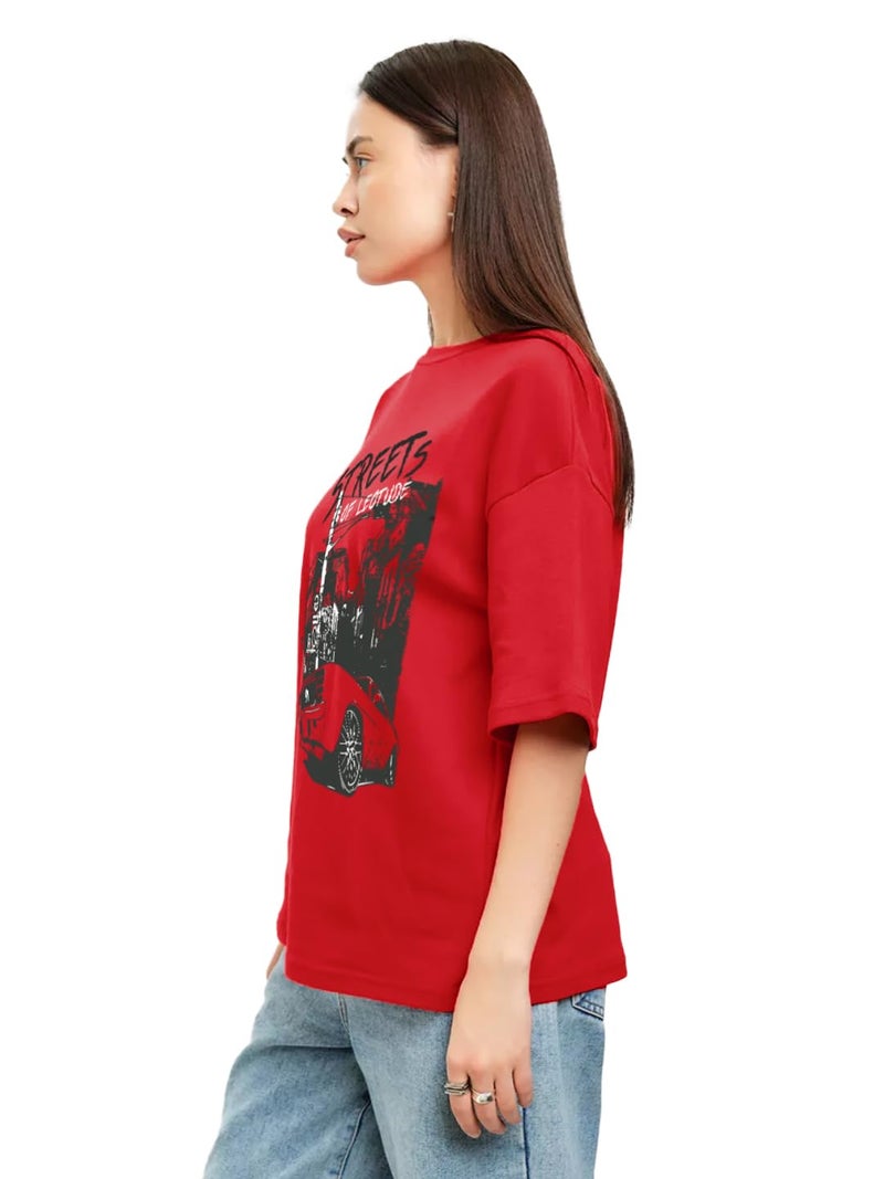LEOTUDE Womens Oversized Round Neck Cottonblend Half Sleeve T-Shirts (GRL_FS49_Street_RED_P_Red_2XL) - Image 4