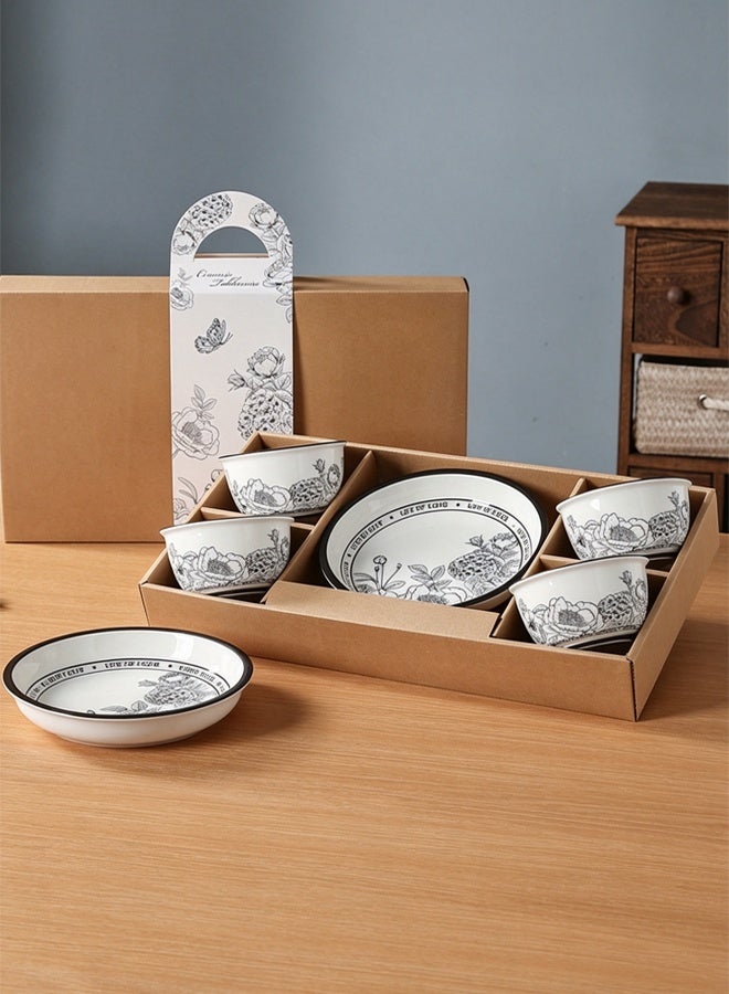 6-Piece Dinnerware Set,Porcelain Luxury Gift Set with Elegant Black Floral Design,Luxury Gift Box Dinnerware Set,Microwave & Dishwasher Safe - Image 1