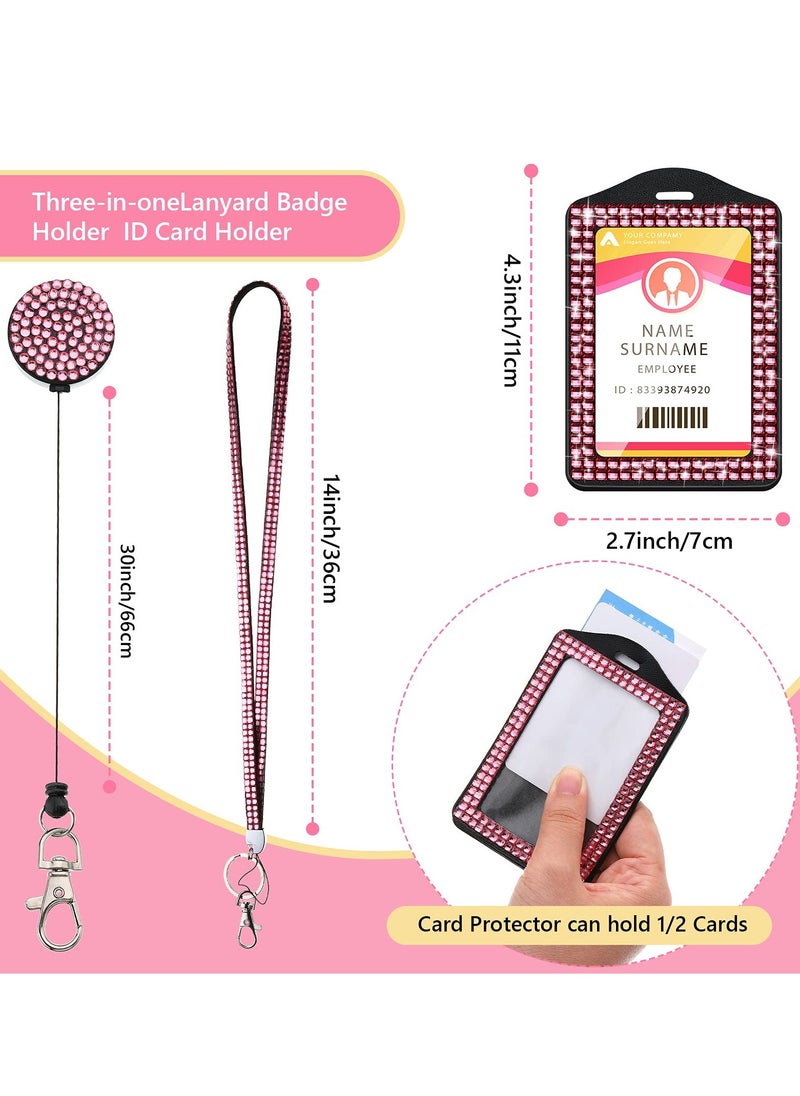 Generic - Sparkling Rhinestone Lanyard ID Card Holder Set, 4 Pcs Retractable Badge Reel with Metal Clasp and Key Ring for Women, Ideal for Nurses and Teachers - Image 1