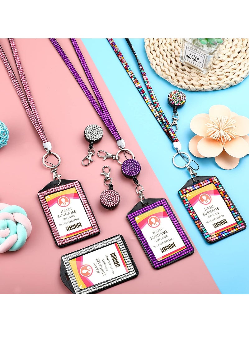 Generic - Sparkling Rhinestone Lanyard ID Card Holder Set, 4 Pcs Retractable Badge Reel with Metal Clasp and Key Ring for Women, Ideal for Nurses and Teachers - Image 1