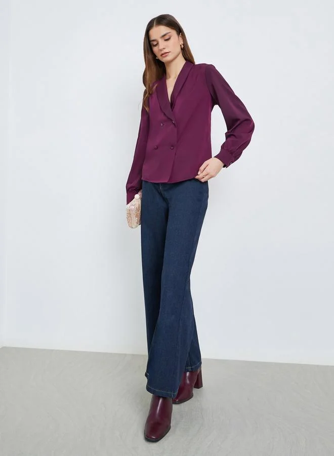 ستايلي بلوزة كاجوال بنمط لف مع أزرار وأكمام طويلة