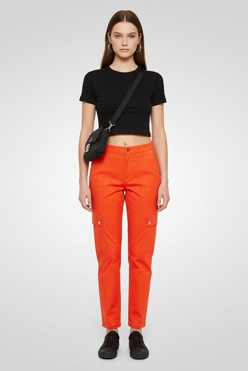 Michael Kors Women Regular Leg Solid Cargo Pants, Orange - Image 2