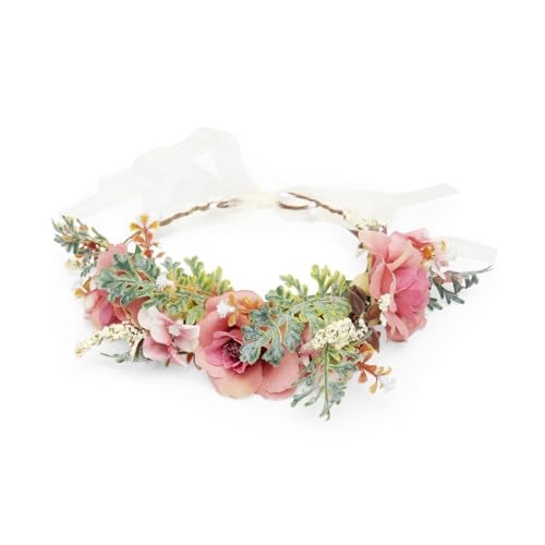 Radhu & Kabby Dusty Pink Floral Hair Tiara for Women | Artificial Roses & Greenery with Ribbon Tie | Elegant Crown for Weddings, Photoshoots, Garden Parties & Festive Looks | 1 Pc - Image 1