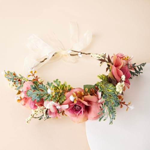 Radhu & Kabby Dusty Pink Floral Hair Tiara for Women | Artificial Roses & Greenery with Ribbon Tie | Elegant Crown for Weddings, Photoshoots, Garden Parties & Festive Looks | 1 Pc - Image 5